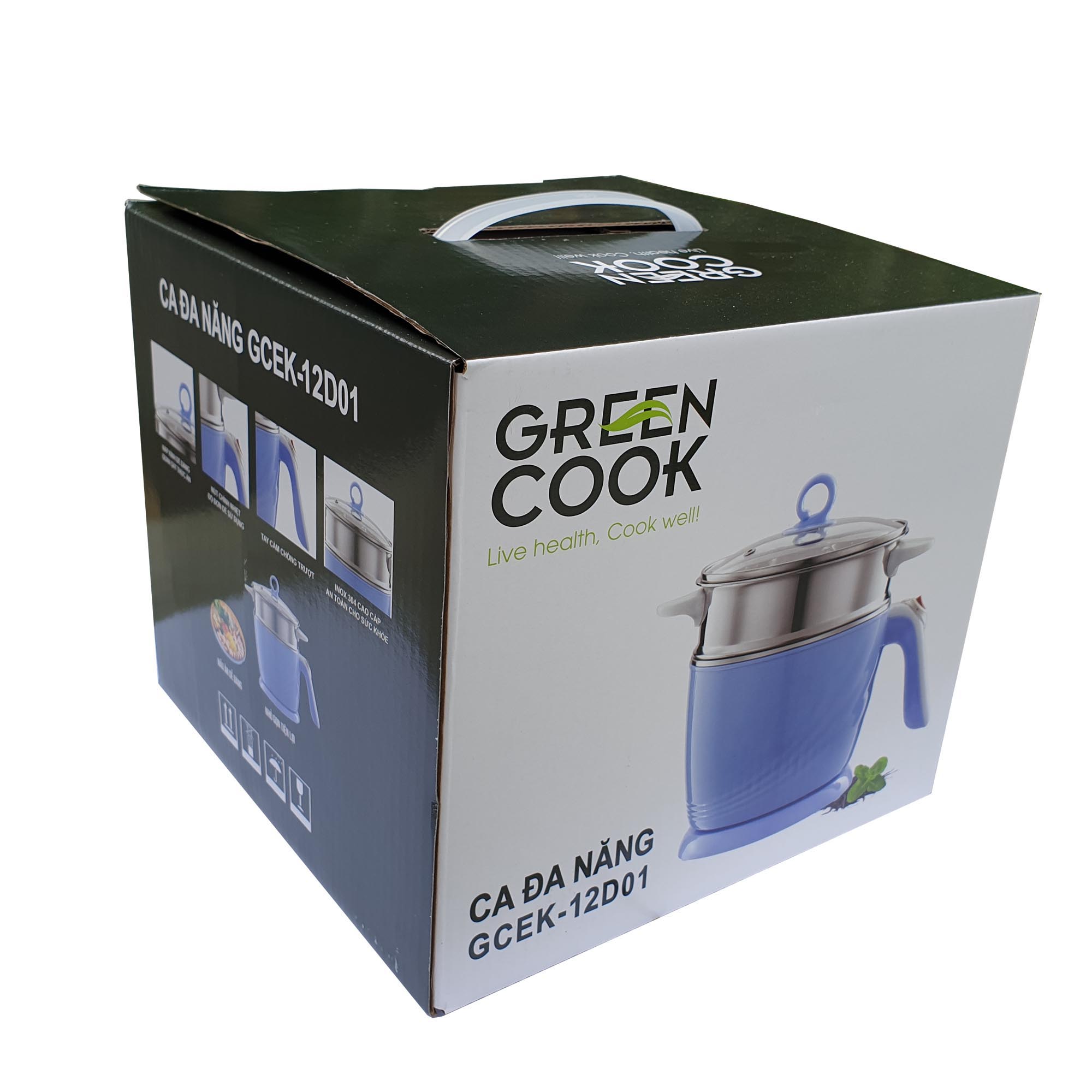 Ca điện đa năng Green Cook GCEK12D01 600W 1,2L màu xanh có vỉ hấp - Hàng chính hãng