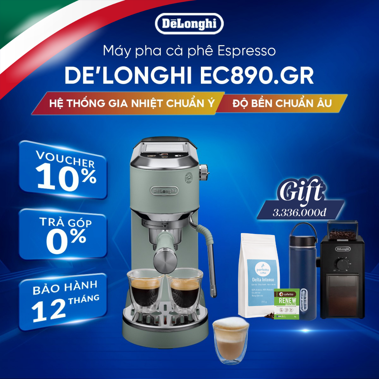 Máy pha cà phê espresso DeLonghi Dedica Duo EC890.GR - Hàng Chính Hãng