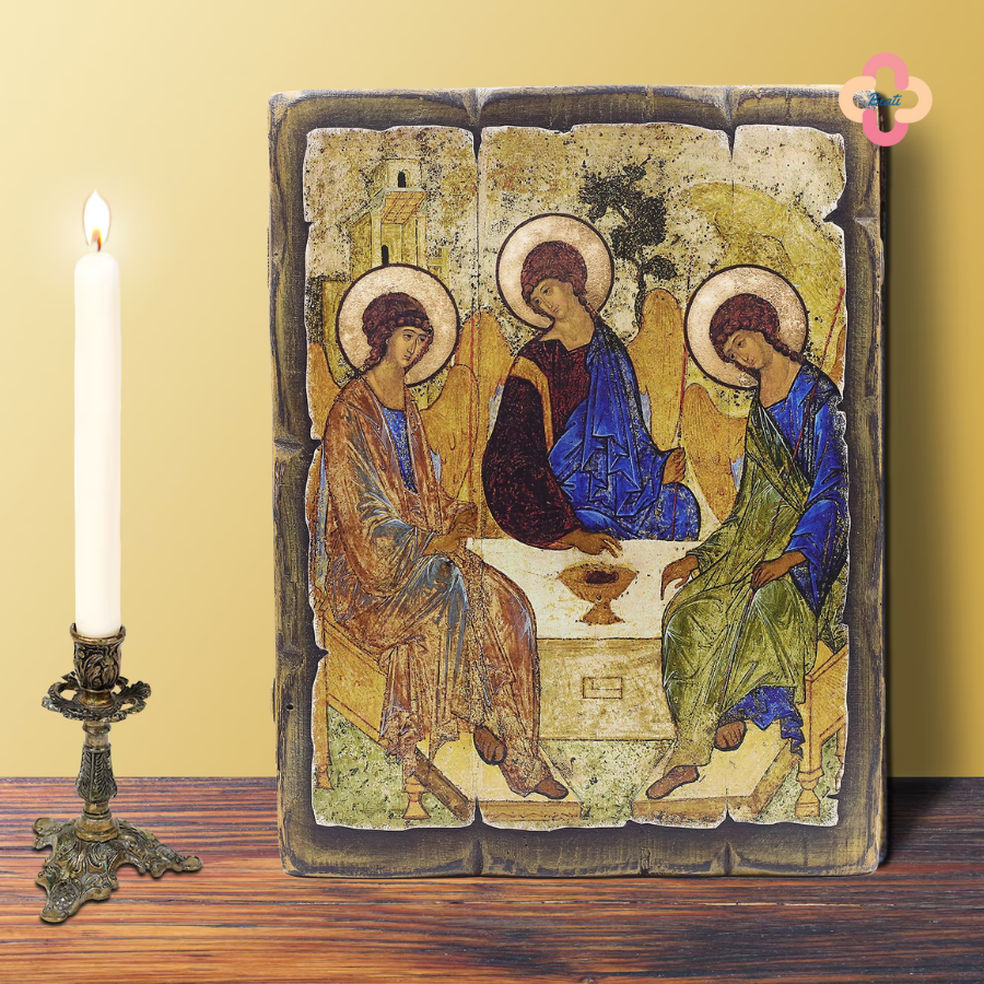 Icon Chúa Ba Ngôi Beati - Tranh Gỗ Thủ Công Màu Rustic / Icon of the Holy Trinity by Andrei Rublev