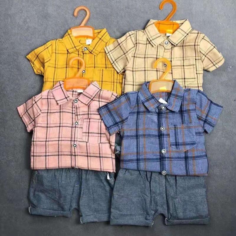 Bộ áo sơ mi kẻ sọc và quần sooc hàng QCCC cho bé trai từ 2 tuổi đến 5 tuổi