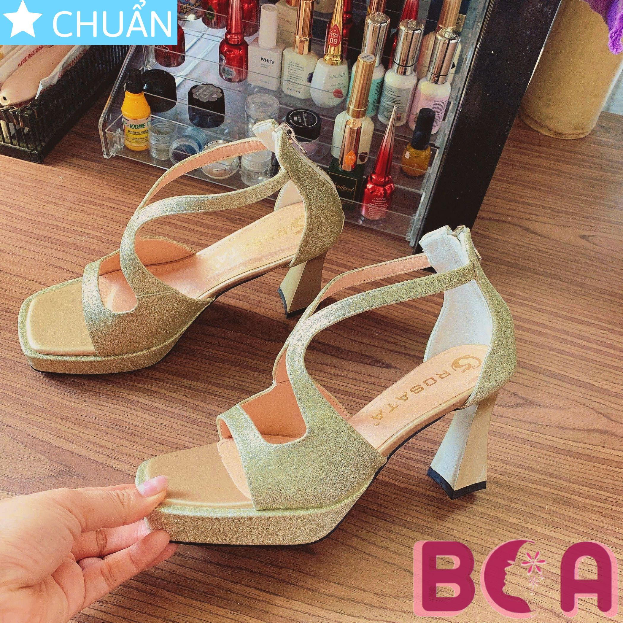 Giày nữ đẹp hở mũi cao gót 9 phân RO668 ROSATA tại BCASHOP dây kéo sau kiểu bốt, màu vàng nhám thời trang và sang trọng