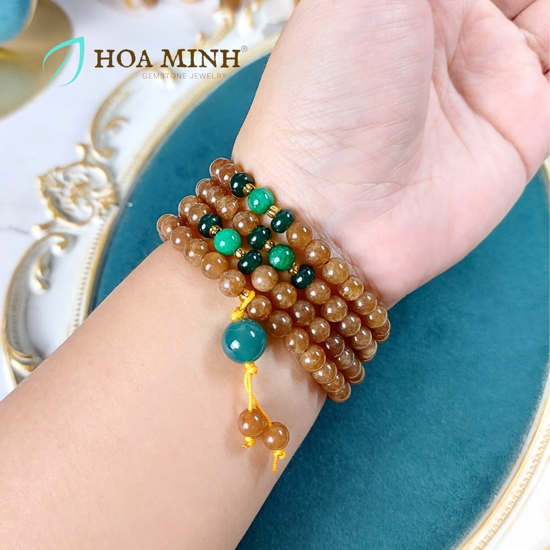 Vòng tay chuỗi 108 hạt đá Mã Não màu nâu ngọc hoà điền size 6.5 li phối bánh xe mã não, cẩm thạch sơn thủy, tài lộc bình an