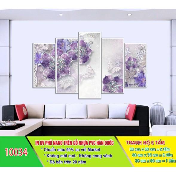 Tranh treo tường phòng khách Hoa đính đá 5 tấm/gỗ MDF chống ẩm mốc, mối mọt