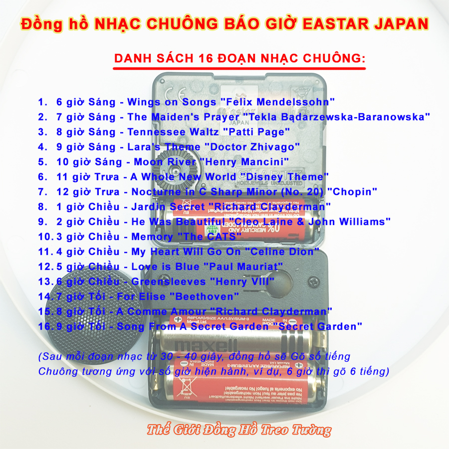 Đồng hồ NHẠC CHUÔNG có 16 ĐIỆU NHẠC GÕ BÁO GIỜ – Máy Kim Trôi EASTAR NHẬT – Số nổi 3D Đường Kính 31cm - Bảo Hành 1 Năm – Tặng 03 Pin Maxell