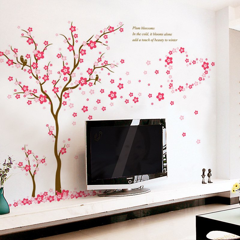 Decal dán tường cây đào hồng dễ thương sang trọng