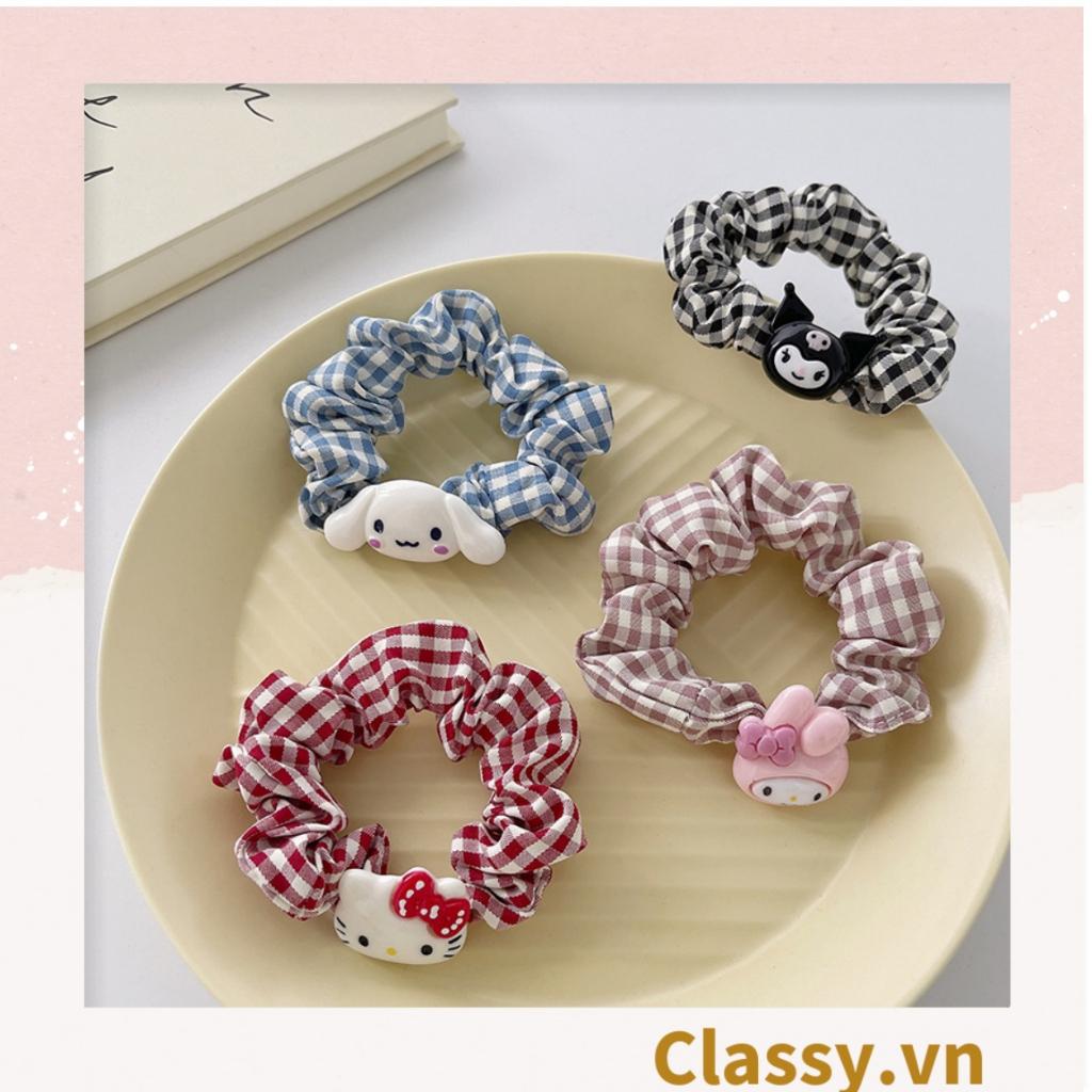 Dây cột tóc Classy scrunchies bằng vải kẻ sọc, đính họa tiết hoạt hình cún, gấu mix hàn quốc dành cho nữ PK1653