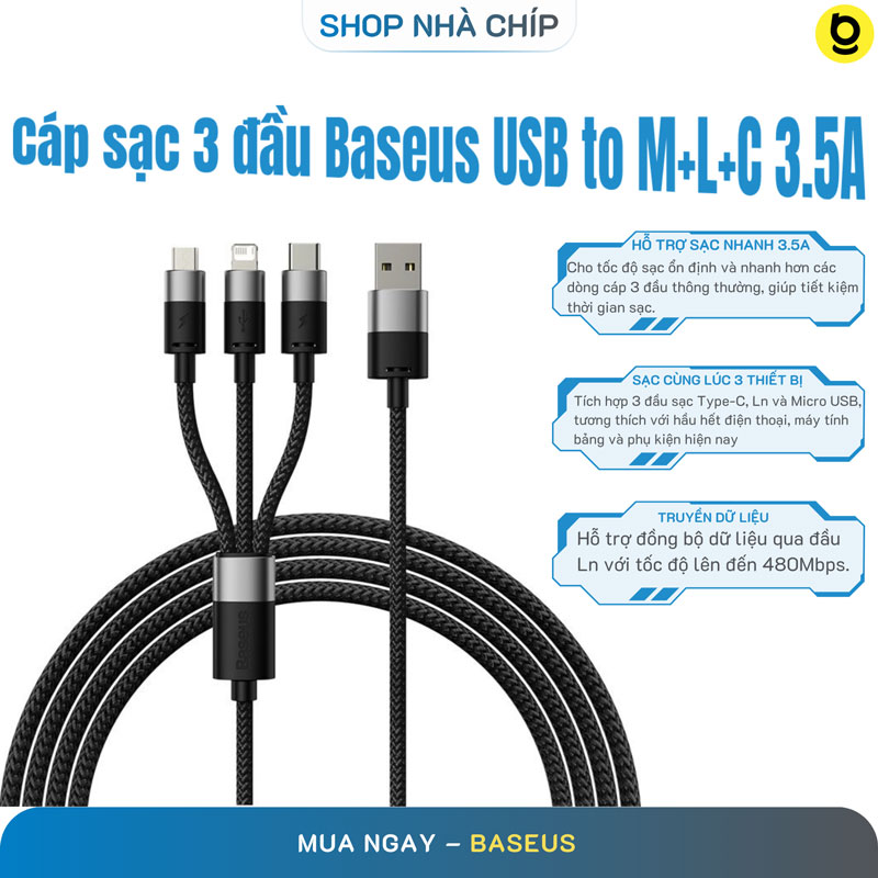 Cáp sạc 3 đầu Baseus StarSpeed 1 for 3 Fast Charging Data Cable USB to M+L+C 3.5A - Hàng chính hãng