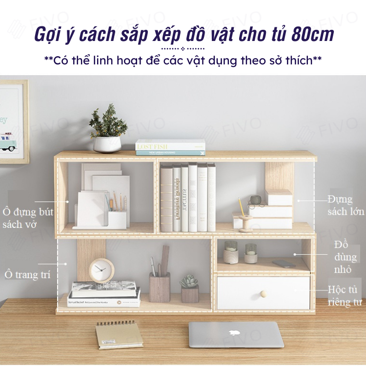 Kệ Giá Sách Gỗ Mini Để Bàn Hoặc Treo Tường FIVO Mẫu FB20, Lắp Ráp Dễ Dàng Gỗ MDF Phủ Melamine Chống Thấm Bề Mặt (Kích Thước 60x20x60cm)