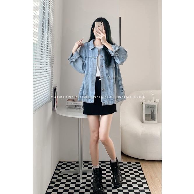 Áo khoác jeans EMIX form rộng, dáng dài, có khuy, túi trước, freesize dưới 60kg 1121