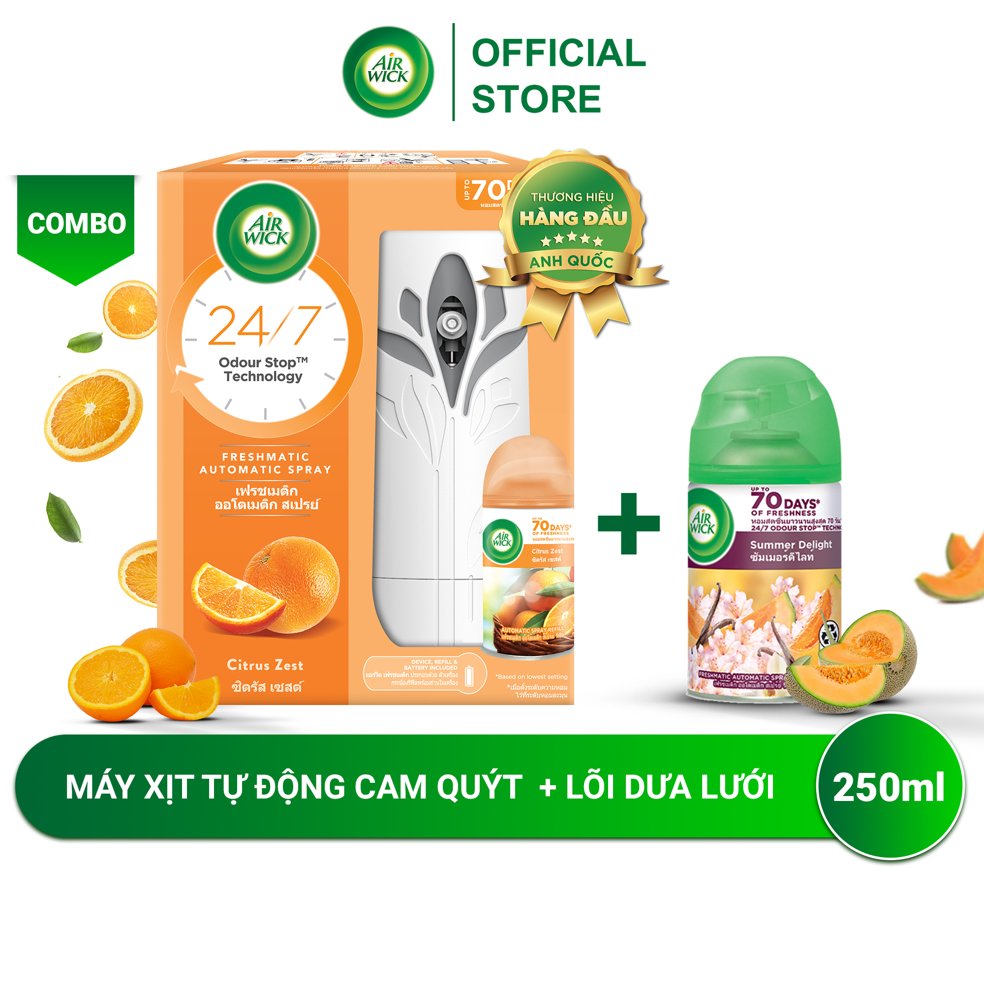 Bộ máy xịt phòng tự động Air Wick Cam quýt + Lõi dưa lưới, điểm hương ngọt ngào và thanh mát cho không gian sống