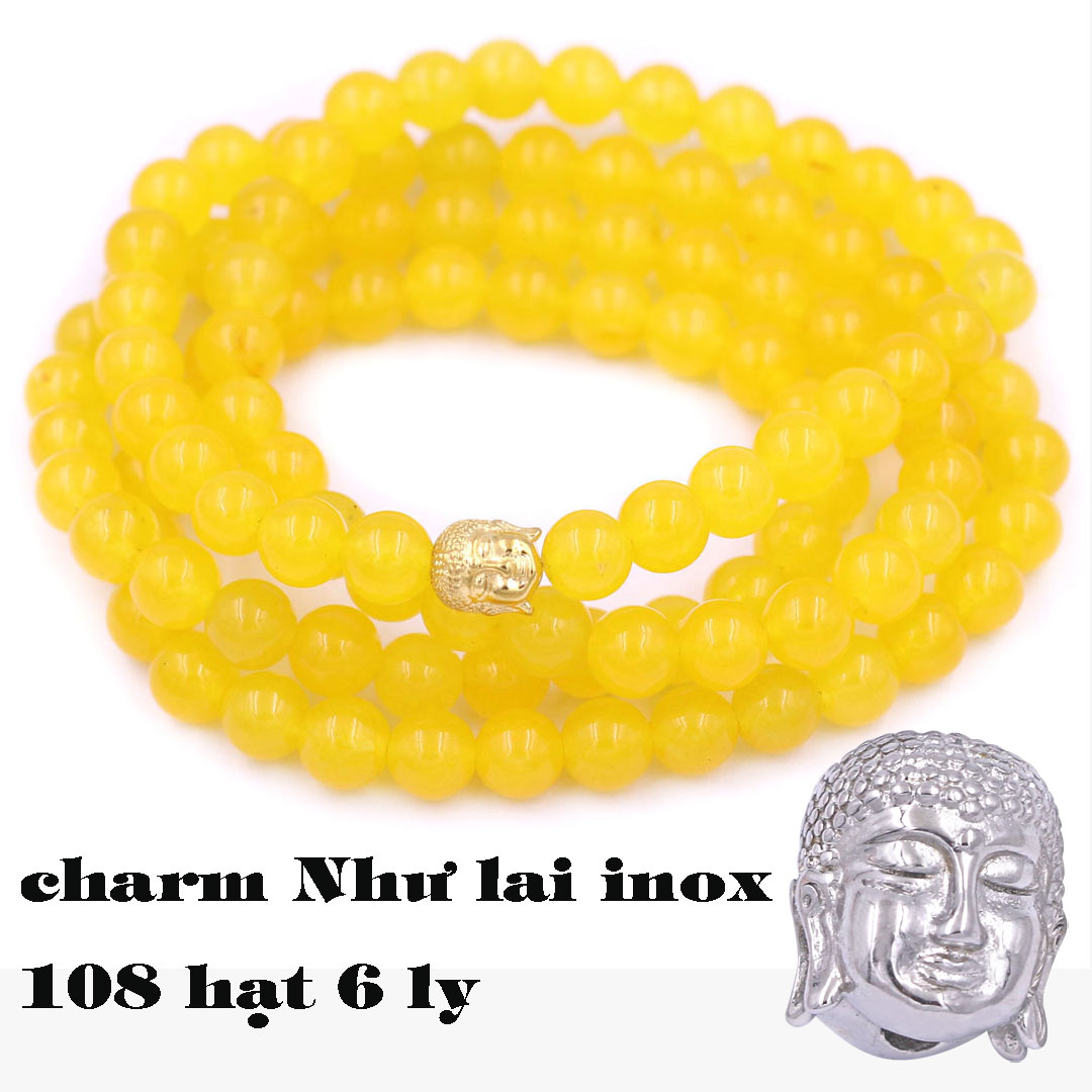 Bộ Vòng Chuỗi, Tràng Hạt 108 Hạt 6 Ly Đá Thạch Anh Vàng Charm Phật A Di Đà Inox - Tràng Chuỗi Niệm Phật - An Yên - Thịnh Vượng - May Mắn - Tài Lộc