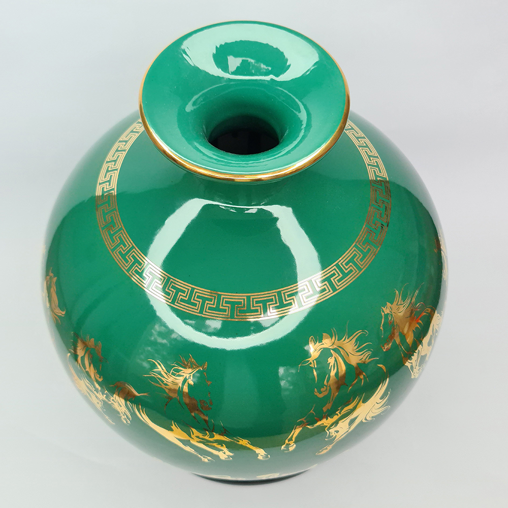 Bình Hút Lộc Gốm Sứ Xanh Ngọc Vẽ Vàng Bát Mã - Mã Đáo Thành Công - Mx - Đường Kính 23 Cm - Cao 27 Cm