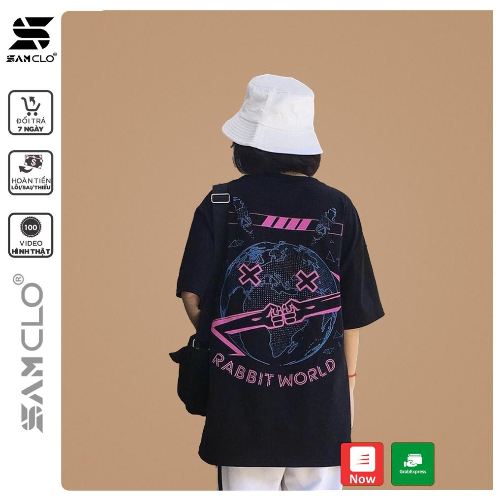 Áo thun tay lỡ freesize nữ phông form rộng Unisex, mặc cặp, lớp, nhóm hình thỏ RABBIT world WONDERLAND màu đen