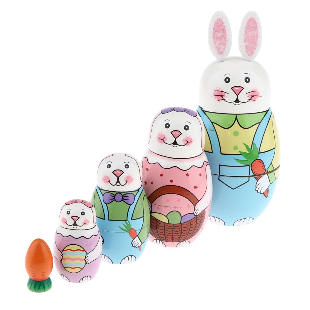 5pcs Cute Russian Wooden Hand Painted Nesting Dolls Kids Toys Gifts-Rabbit