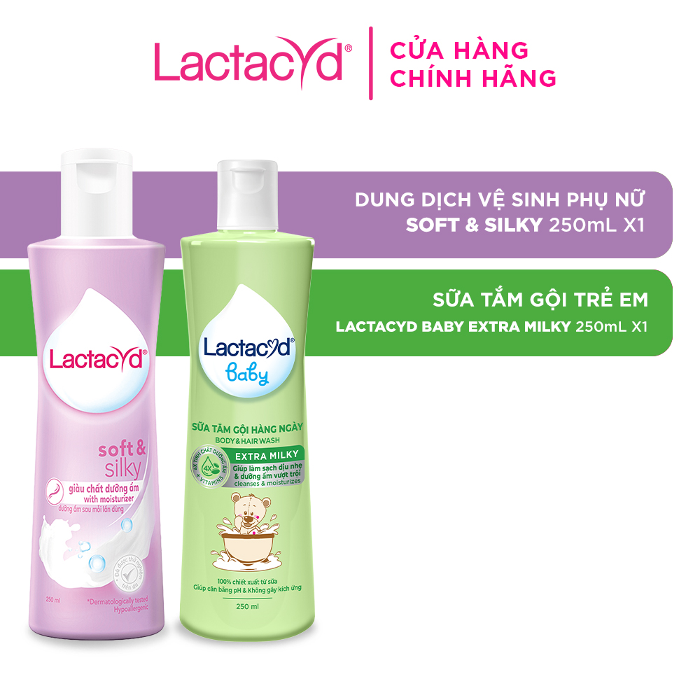 Bộ Dung Dịch Vệ Sinh Phụ Nữ Lactacyd Soft & Silky Dưỡng Ẩm 250ml + Sữa Tắm Gội Trẻ em Lactacyd Baby Extra Milky 250ml