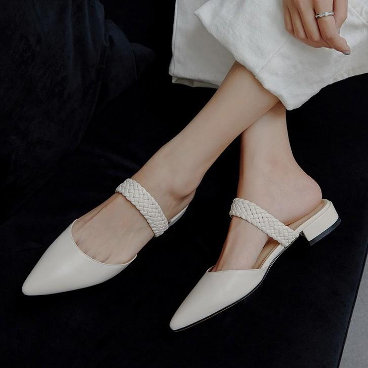 Giày cao gót thời trang mũi nhọn phối dây hở gót cao 2cm màu trắng size lớn 40 41 42 43 44
