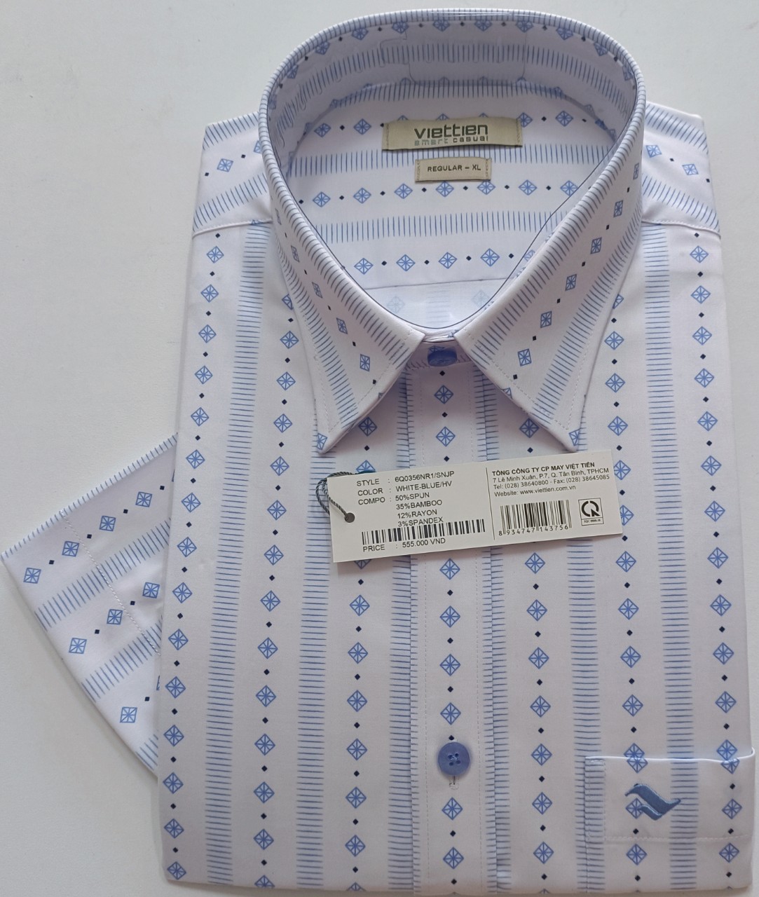 Viettien Áo sơ mi nam ngắn tay Việt Tiến Smart Casual vạt ngang, xẻ sườn sợi tre mã 6Q0356NR1/SNJP