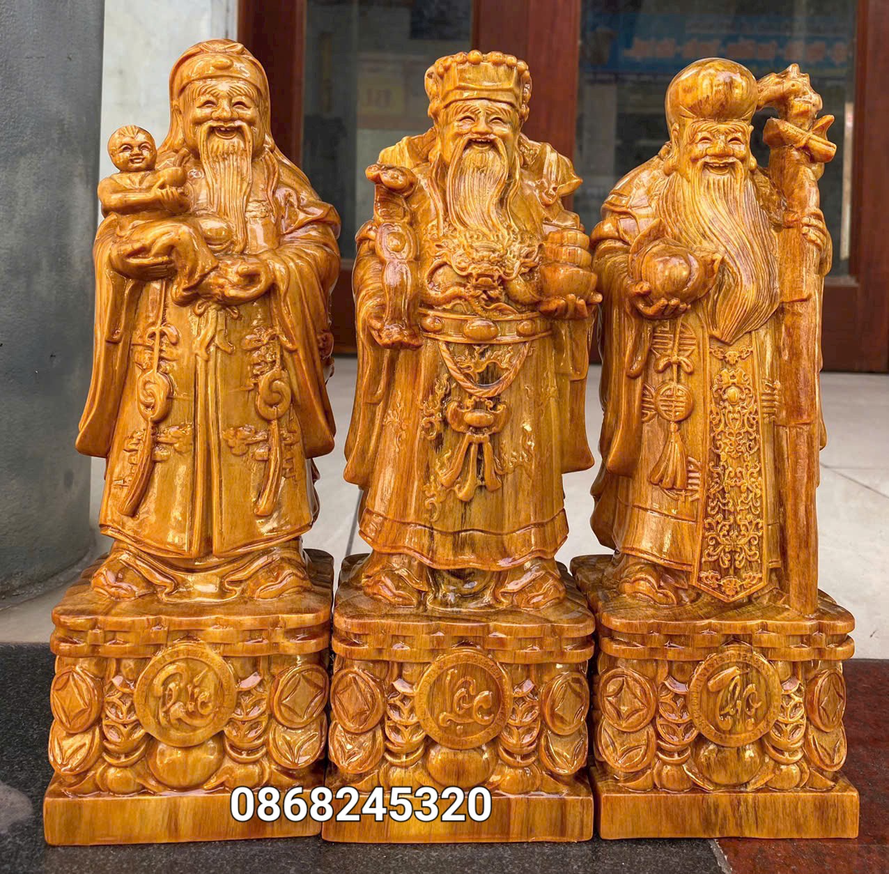 Bộ tượng phật tam đa phúc lộc bằng gỗ huyết long mọng đầu kt 30×11×9cm