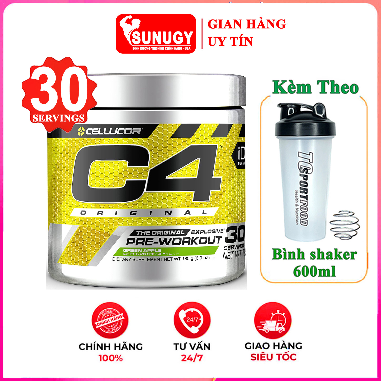 Pre-Workout siêu mạnh C4 Original của Cellucor hỗ trợ Tăng Sức Bền, Sức Mạnh đốt mỡ giảm cân & Bình shaker 600 ml (Mẫu Ngẫu Nhiên)