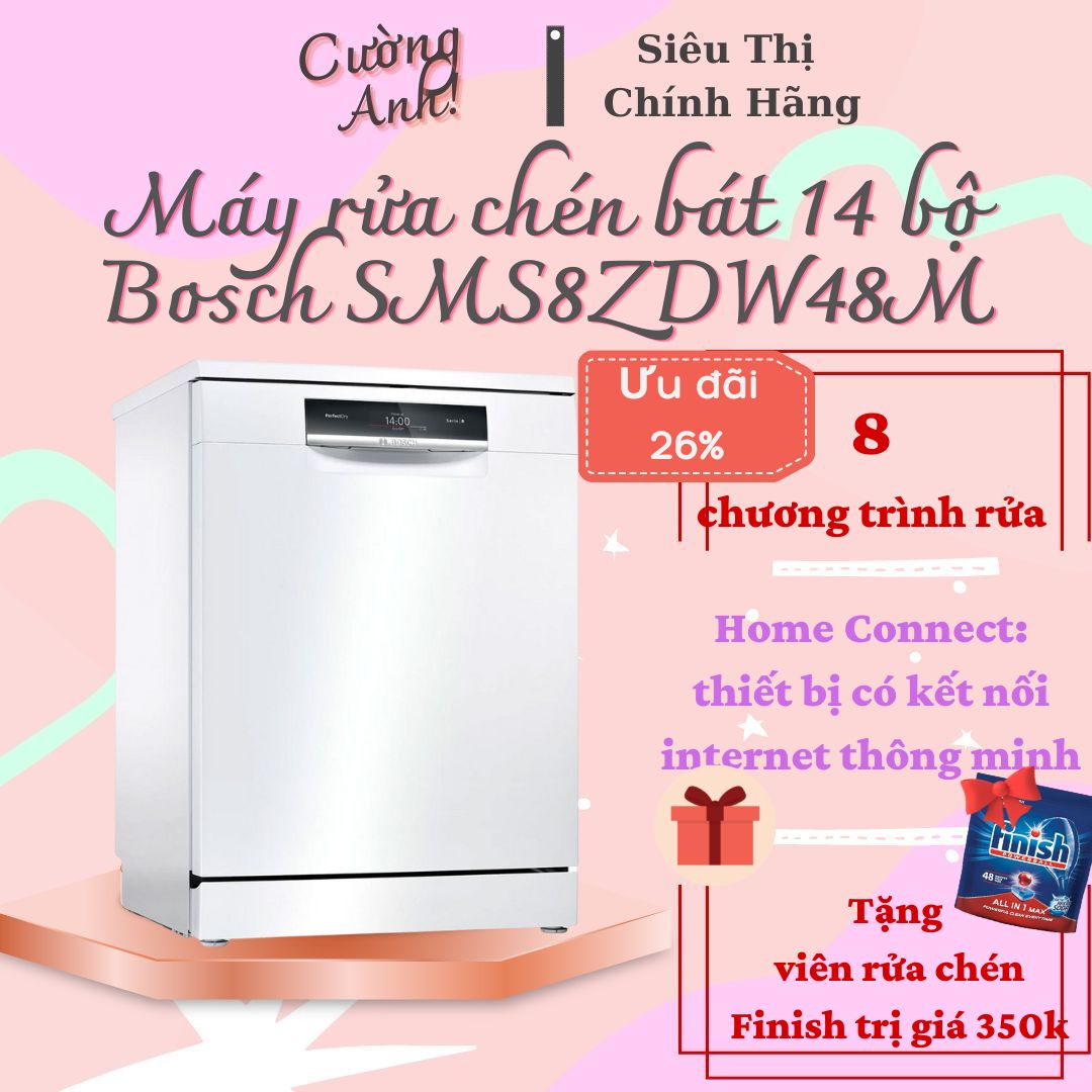 Máy rửa bát độc lập Bosch SMS8ZDW48M Serie 8, 8 chương trình rửa 14 bộ bát đĩa châu âu- Hàng chính hãng