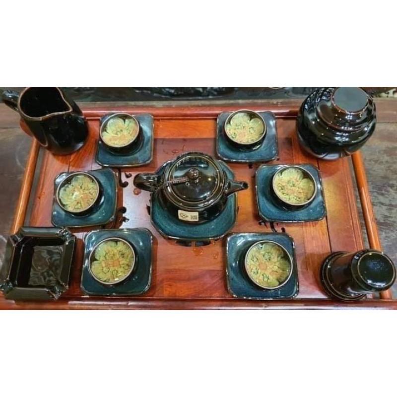 Bộ ấm trà men hỏa biến, lòng chén vẽ hoa. Gốm Bát Tràng cao cấp.