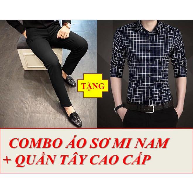 COMBO ÁO SƠ MI CARO Ô VUÔNG + QUẦN TÂY ĐEN NAM THỜI TRANG CAO CẤP