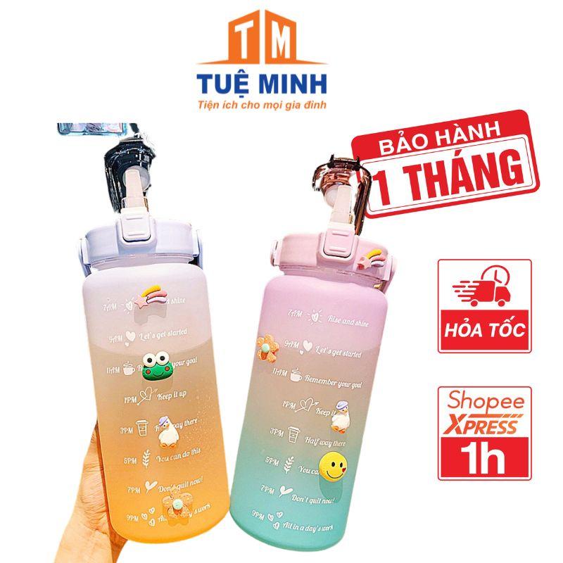 Bình đựng nước 2l kèm sickekr ngỗ nghĩnh đáng yêu có quai xách và ống hút có thể mang đi tập gym, đi học