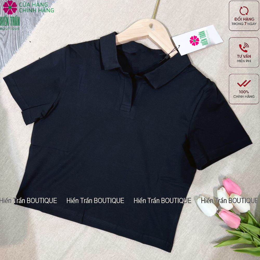 Áo croptop Hiền Trần BOUTIQUE nữ có cổ vải cotton co giãn thoáng mát croptop ngắn tay thun đẹp nhiều màu