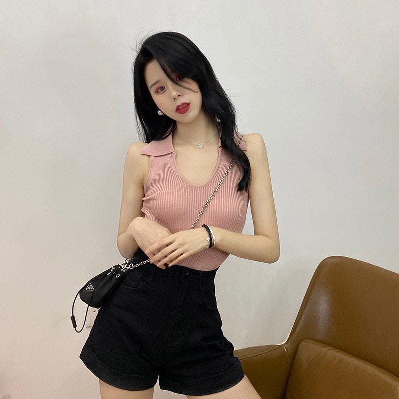 Áo tank top dệt kim nữ cổ chữ U màu trơn
