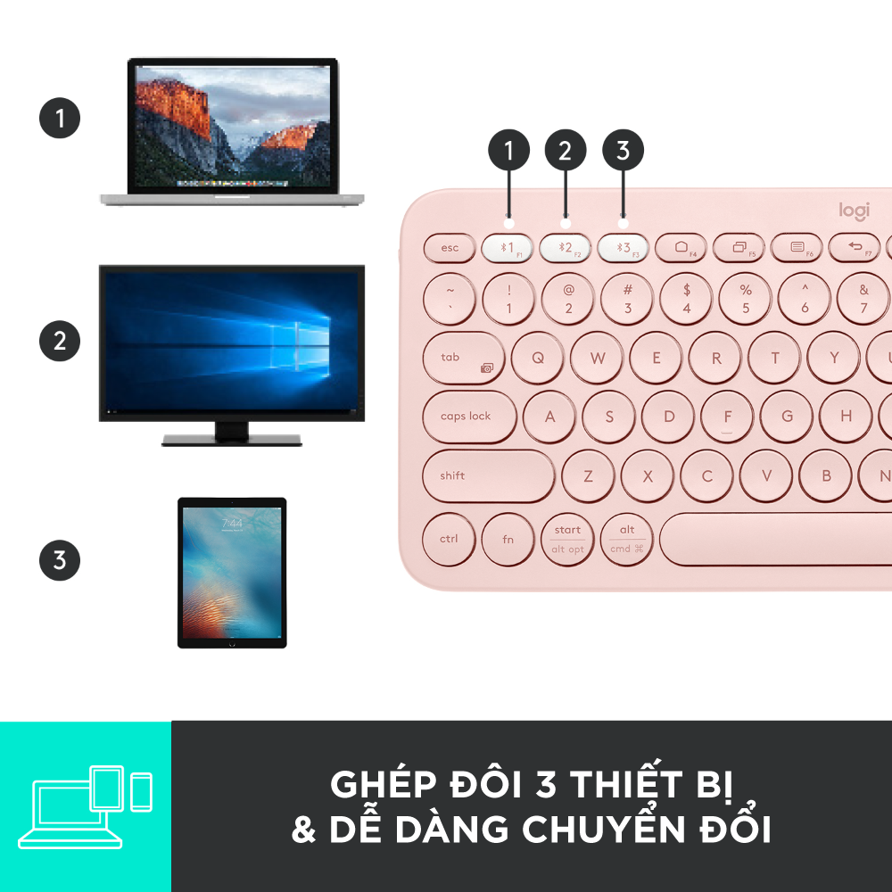 Bàn phím không dây Bluetooth Logitech K380 - Kết nối 3 thiết bị, giảm ồn, gọn nhẹ dễ mang đi, phù hợp Mac/ PC/ Laptop/ Điện thoại - Hàng chính hãng - Màu Hồng