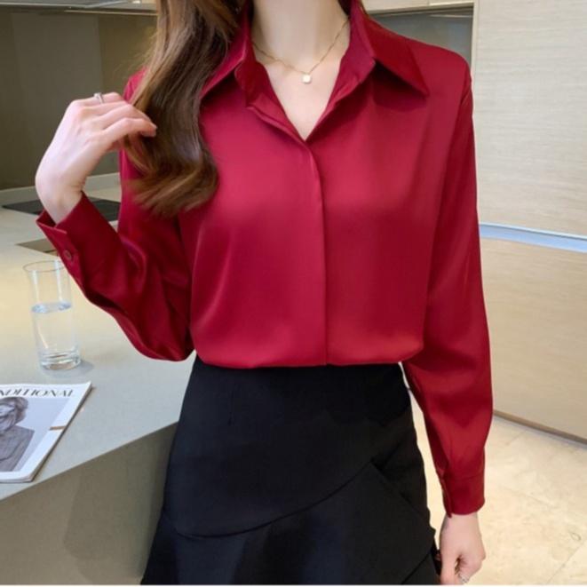 Áo Sơ Mi Nữ Công Sở Màu Đỏ Đô Cổ Đức CHIPY Kiểu Hàn Quốc Vintage Ulzzang Form Rộng Dài Tay Đẹp Chất Lụa Cao Cấp A2D