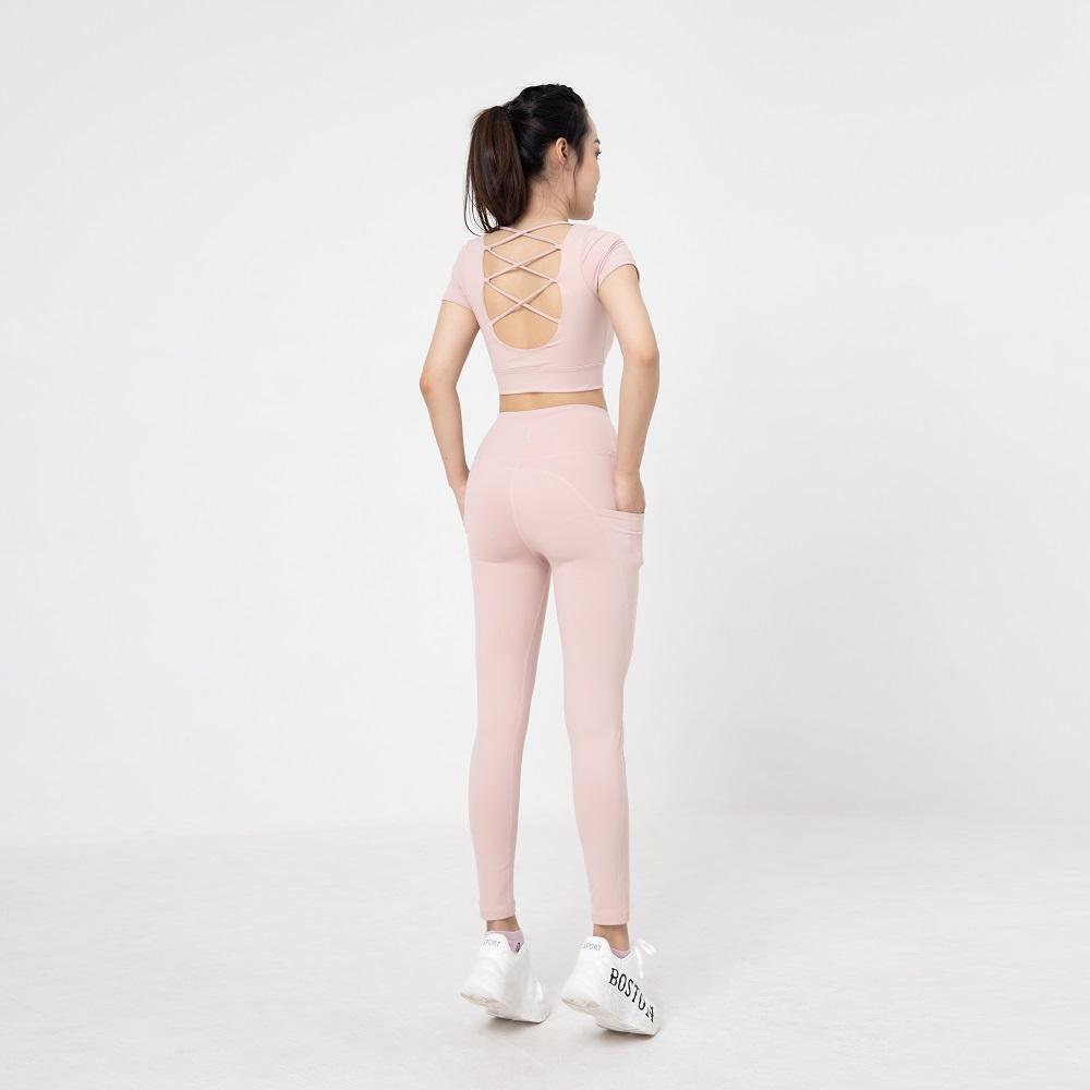 Set đồ tập thể thao gym, yoga nữ áo croptop đan dây phối quần legging nâng mông - S210501