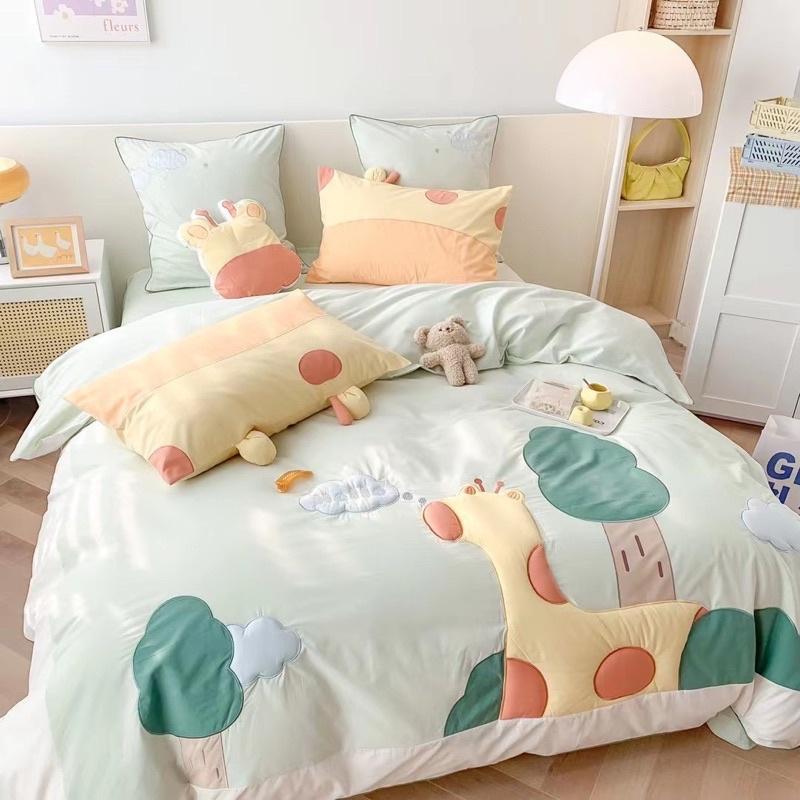 Bộ Chăn Ga Gối Cotton Linen Disney Hàng Nhập Khẩu Cao Cấp 5Món Mẫu Hươu Cao Cổ