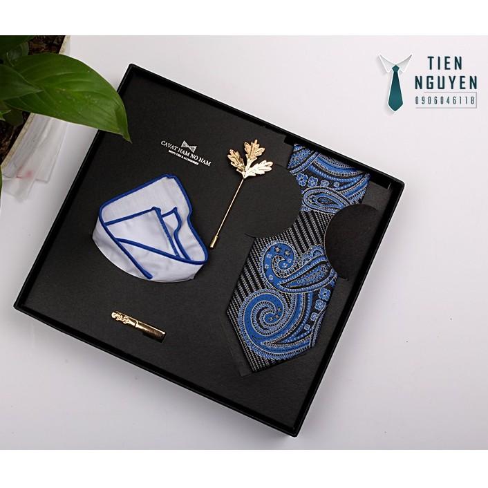 Bộ cà vạt nam cao cấp full box - xanh