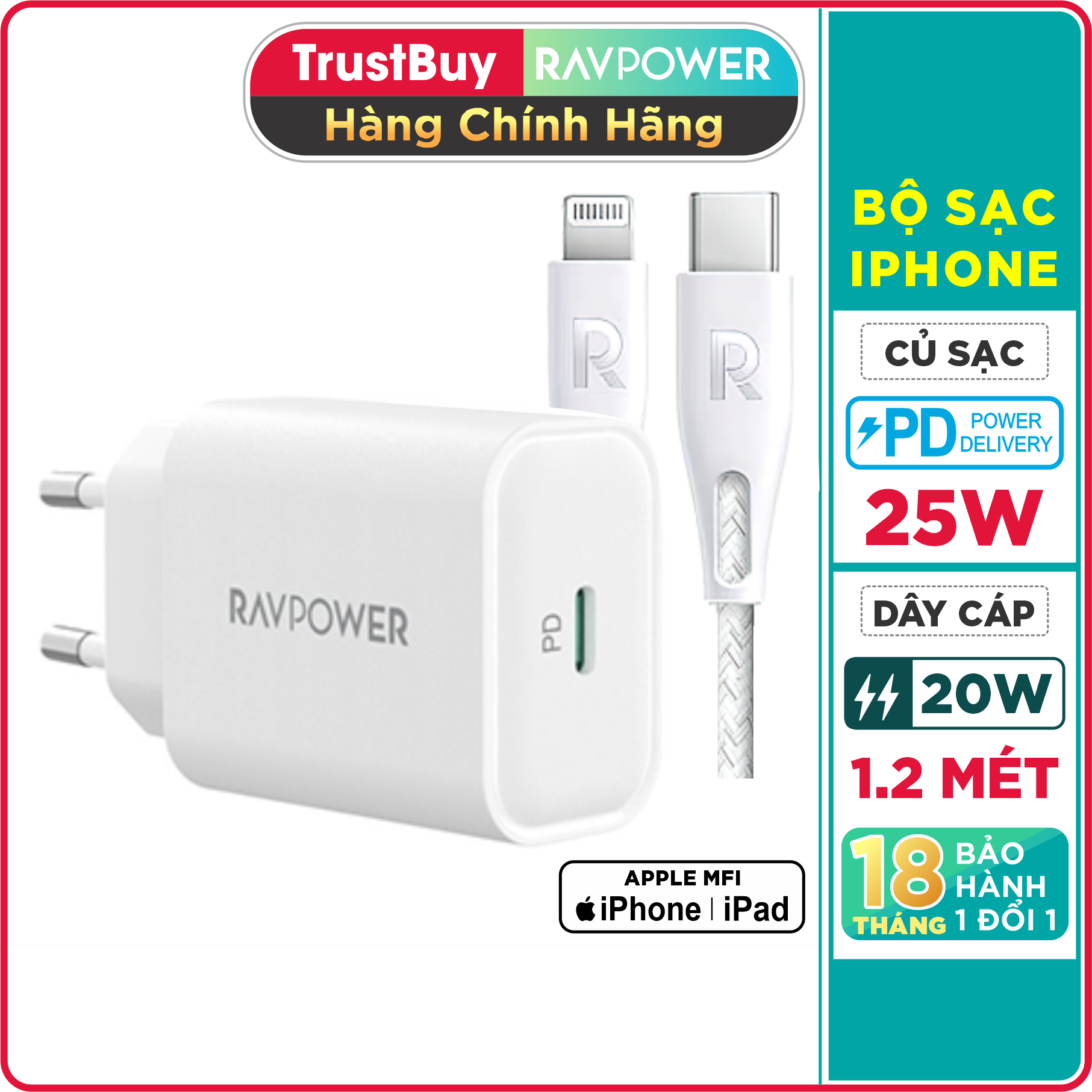 Combo Củ Sạc Nhanh 25W RAVPower RP-PC156 Và Cáp Type-C to Lightning MFI Dây Nylon Siêu Bền Dài 1.2M RP-CB1004 Sạc Nhanh Đến 20W Cho iPhone, Cho iPad - Hàng Chính Hãng