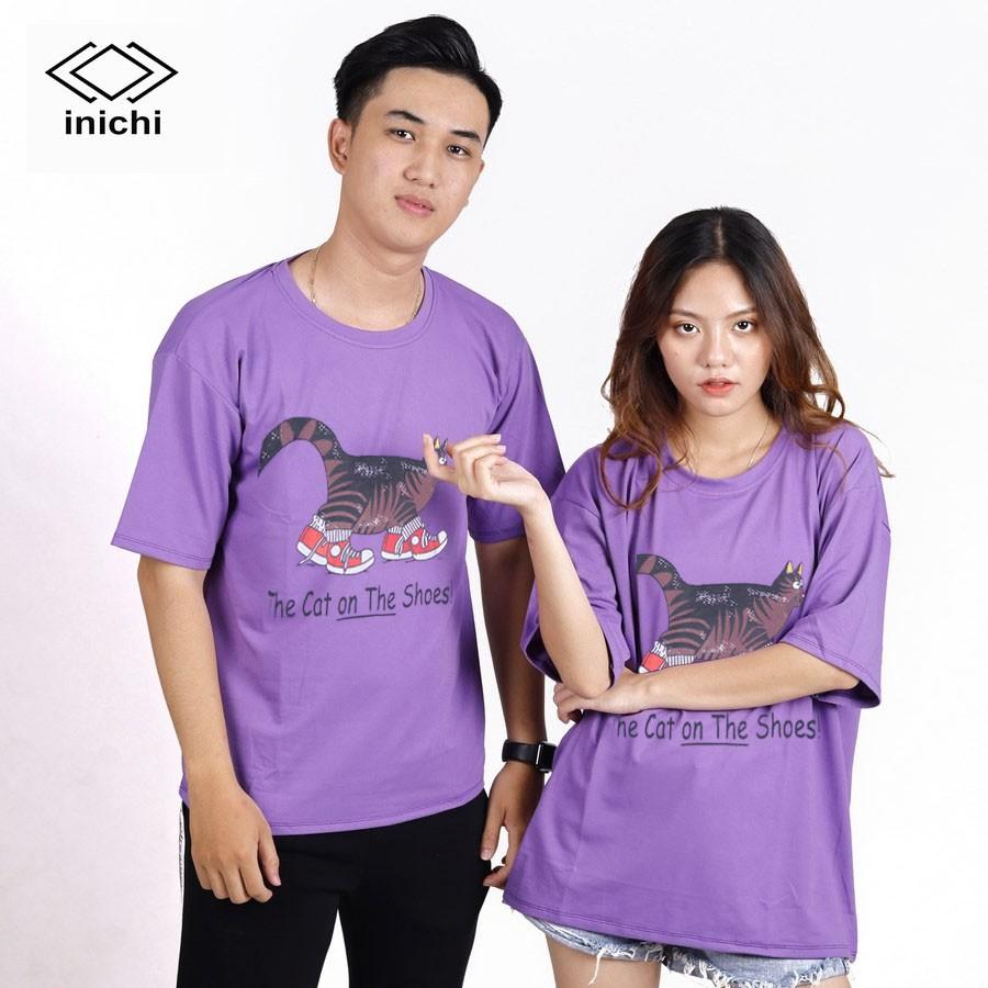 Áo thun INICHI unisex tay lỡ form rộng phong cách, in hình chú mèo ngố mang giày - IC651