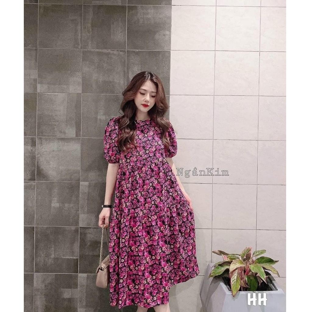 Váy bầu mùa hè thiết kế thời trang dáng suông babydoll hoa nhí màu tím bigsize từ 45-67kg