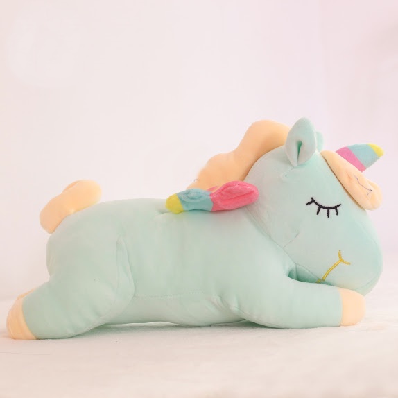 Thú bông kỳ lân cánh bảy màu lông mịn nằm