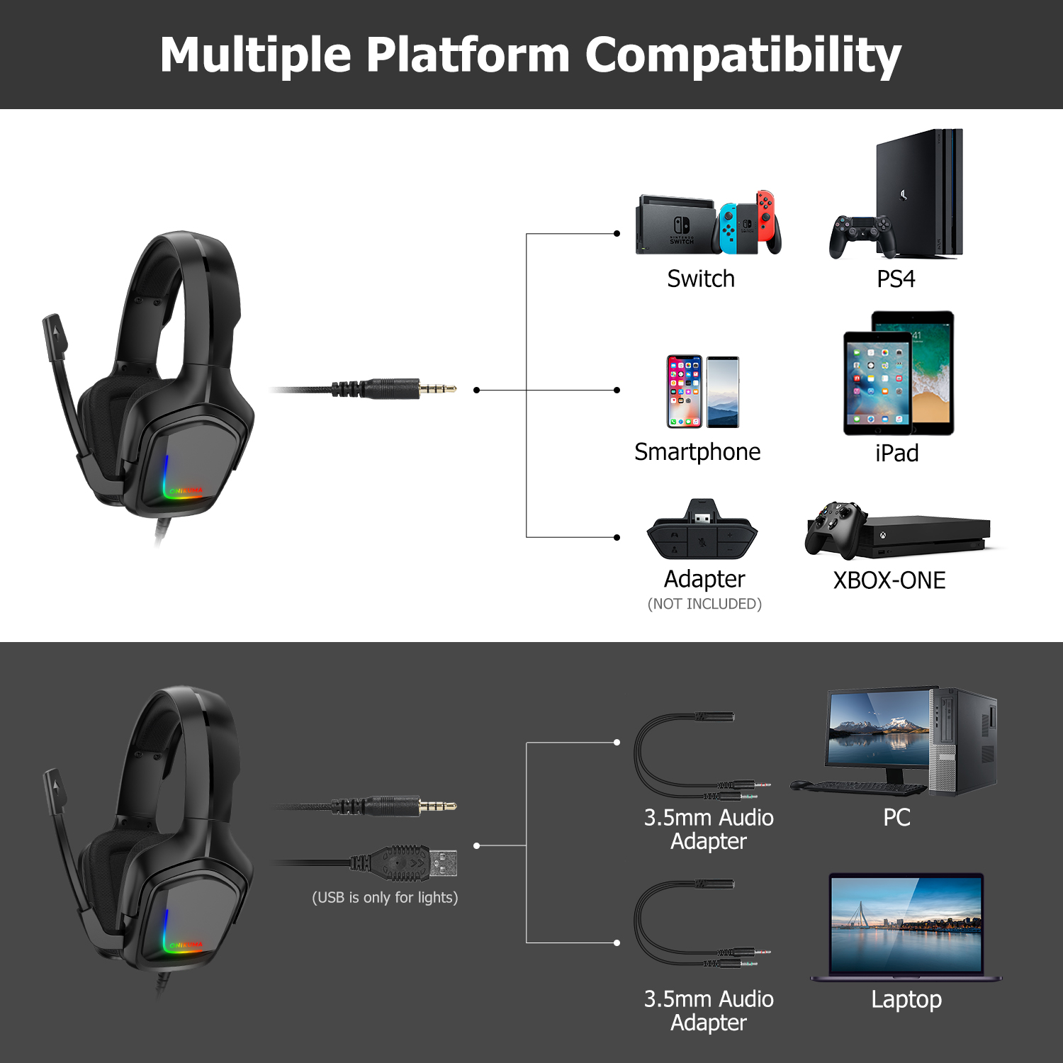Tai Nghe Chơi Game Chuyên Nghiệp Onikuma K20 - Có Dây Có Mic Đèn Led RGB - Hàng Chính Hãng