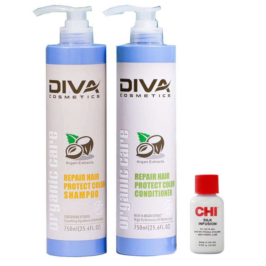 Bộ dầu gội xả Diva Repair Protect Color Organic Care dưỡng ẩm giữ màu tóc nhuộm 750mlx2 + Tinh dầu dưỡng tóc CHI Infusion 15ml