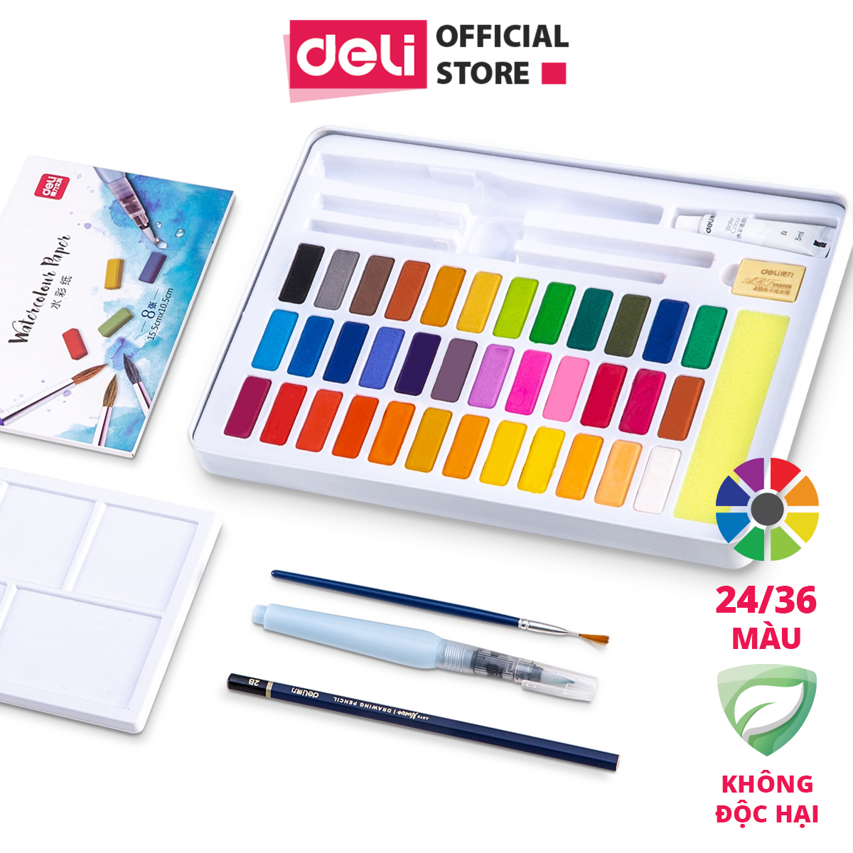 Bộ màu nước dạng nén Deli - 8 phụ kiện đi kèm - hộp sắt - 24 màu/36 màu - 73876 / 73877