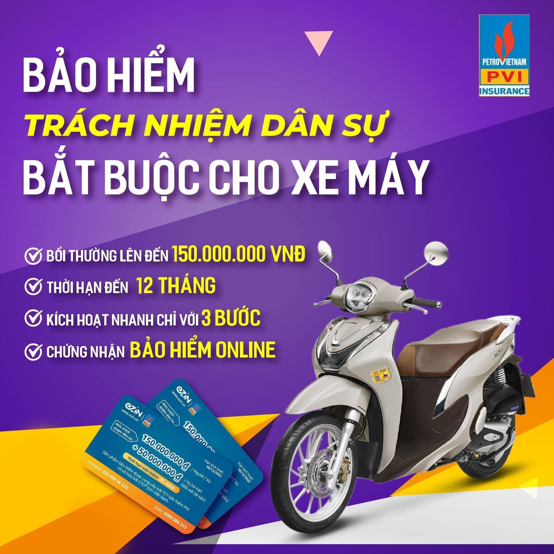 [GIẢM GIÁ 60%] Bảo hiểm bắt buộc trách nhiệm dân sự xe máy điện tử PVI 2 Bánh Trên 50cc Gói 12 Tháng