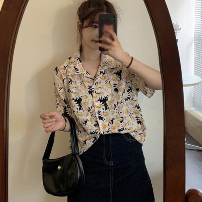Áo Sơ Mi Tay Ngắn Cổ Bẻ Hoạ Tiết In Phong Cách Retro