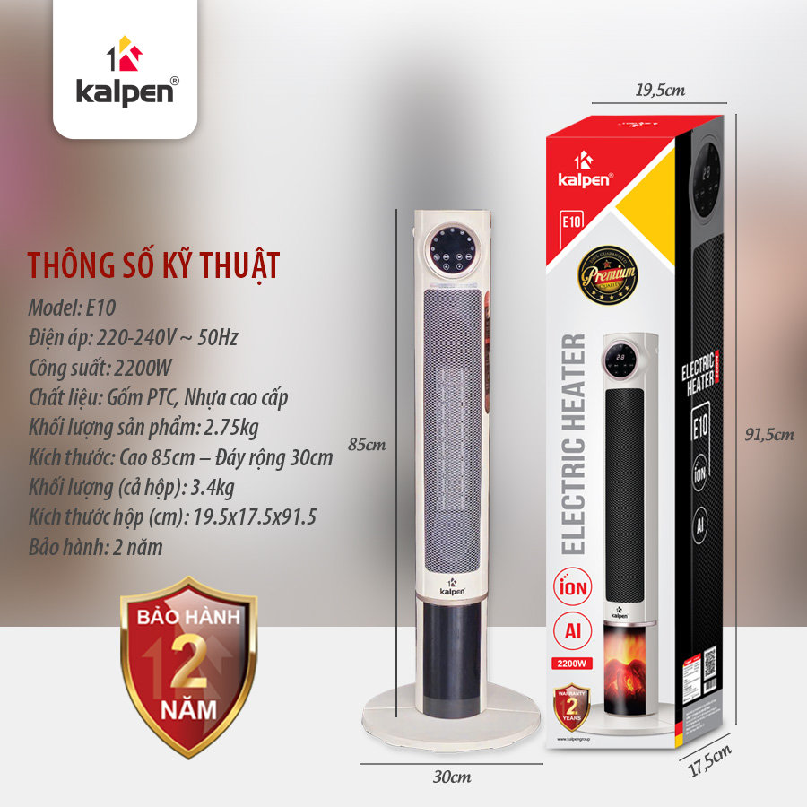 Máy sưởi gốm PTC Kalpen E10 ion diệt khuẩn 2200W kèm khiển từ xa - Hàng chính hãng