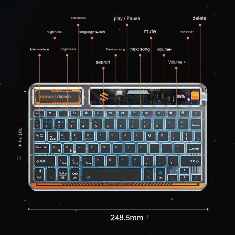 Bàn phím không dây Bluetooth mini trong suốt Shezi pin sạc led RGB chống ồn cho máy tính , điện thoại , máy tính bảng hàng nhập khẩu