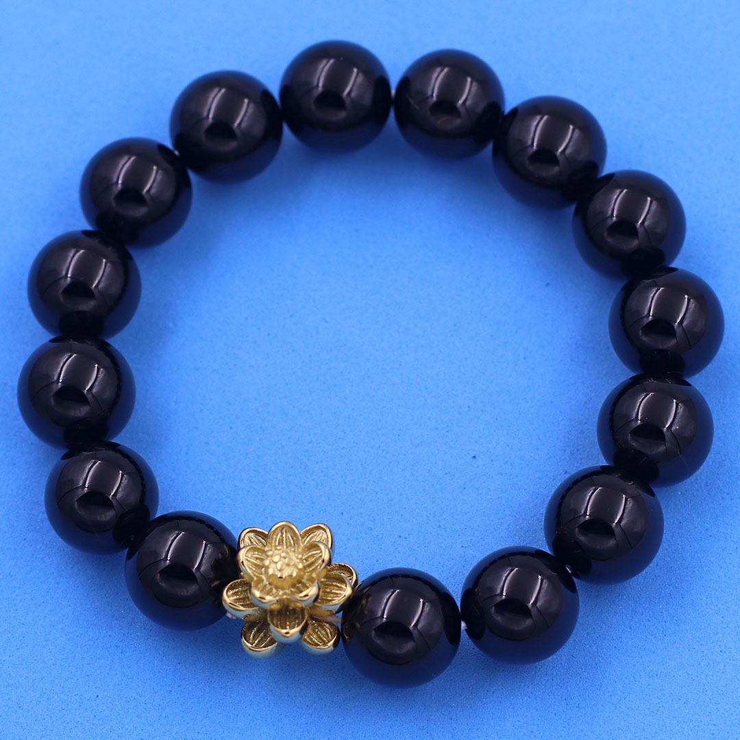 Vòng chuỗi đeo tay đá thạch anh đen 12 ly charm hoa sen inox vàng, vòng chuỗi phong thuỷ, bông sen inox, vòng chuỗi hạt, vòng chuỗi tay charm bông sen inox