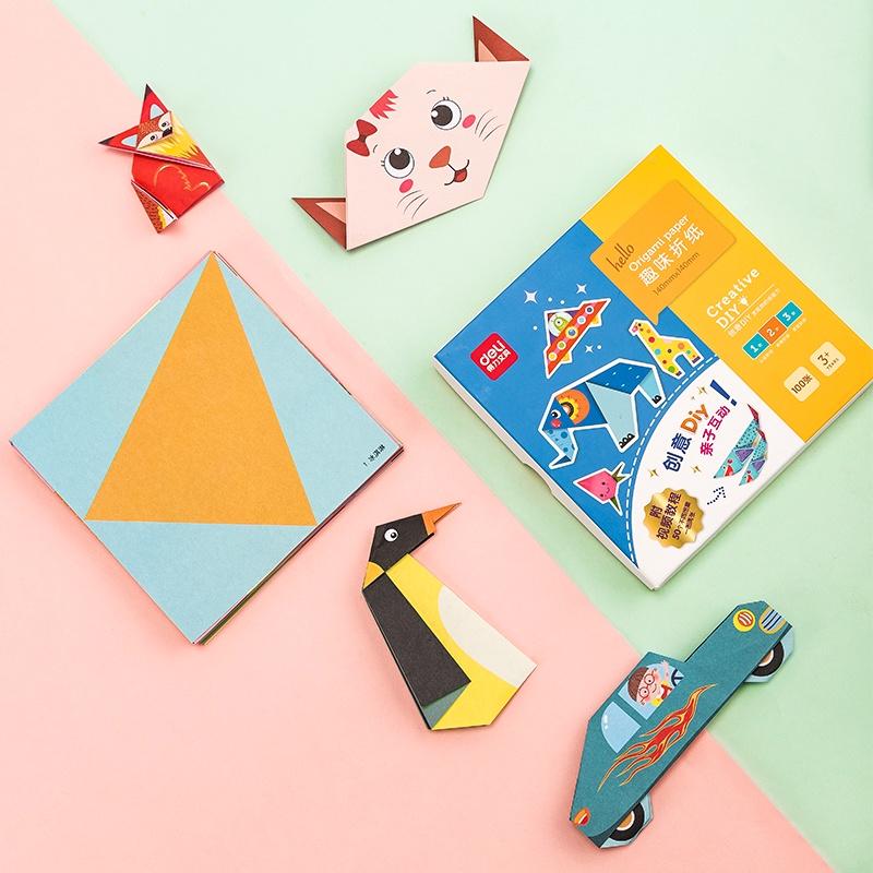 Giấy thủ công 100 tờ học sinh Deli - 14x14cm - craft paper - gấp origami, hạc, hoa, động vật - 74817/74818
