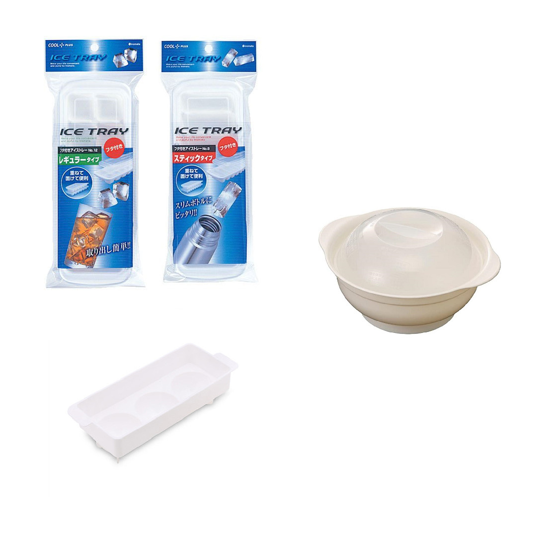 Bộ 03 khay làm đá, kem, thạch...+ 01 bát hâm nóng thức ăn trong lò vi sóng - Hàng nội địa Nhật Bản.