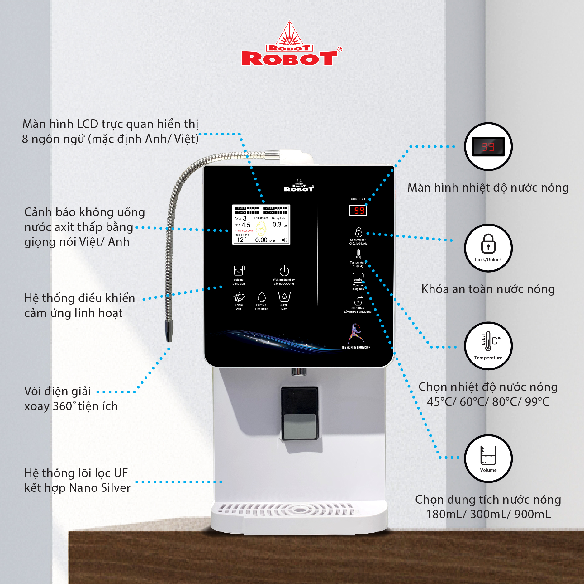 Máy Lọc Nước Điện Giải Ion Kiềm ROBOT IonQueen 1314 Chế Độ Nóng Nguội Lạnh - 13 Tấm Điện Cực Titanium Phủ Platium - Hàng Chính Hãng