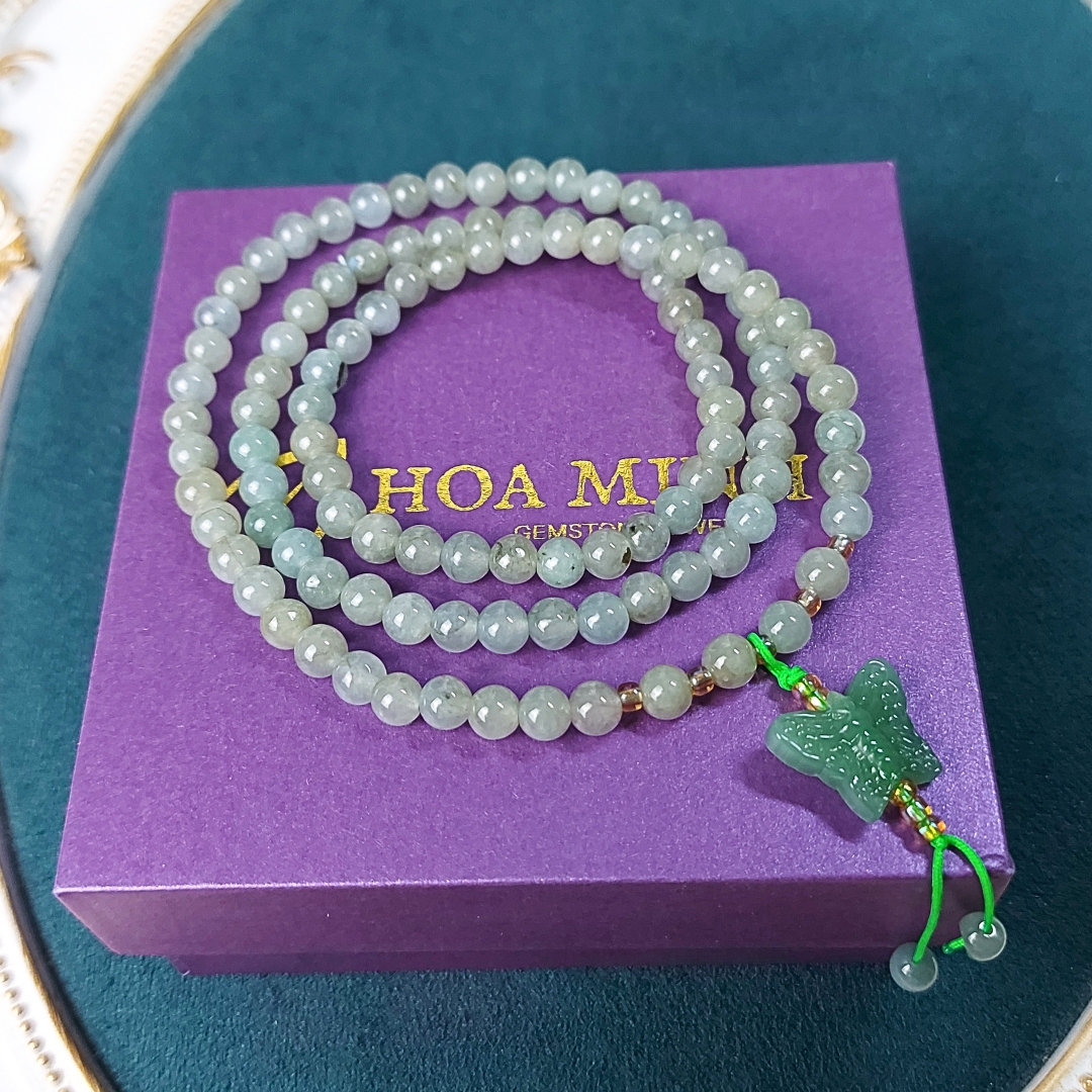 Vòng tay chuỗi 108 hạt Ngọc Cẩm Thạch Lam Dầu A size 5.3 li phối charm đá thạch anh aventurine mỹ miều tuyệt đẹp